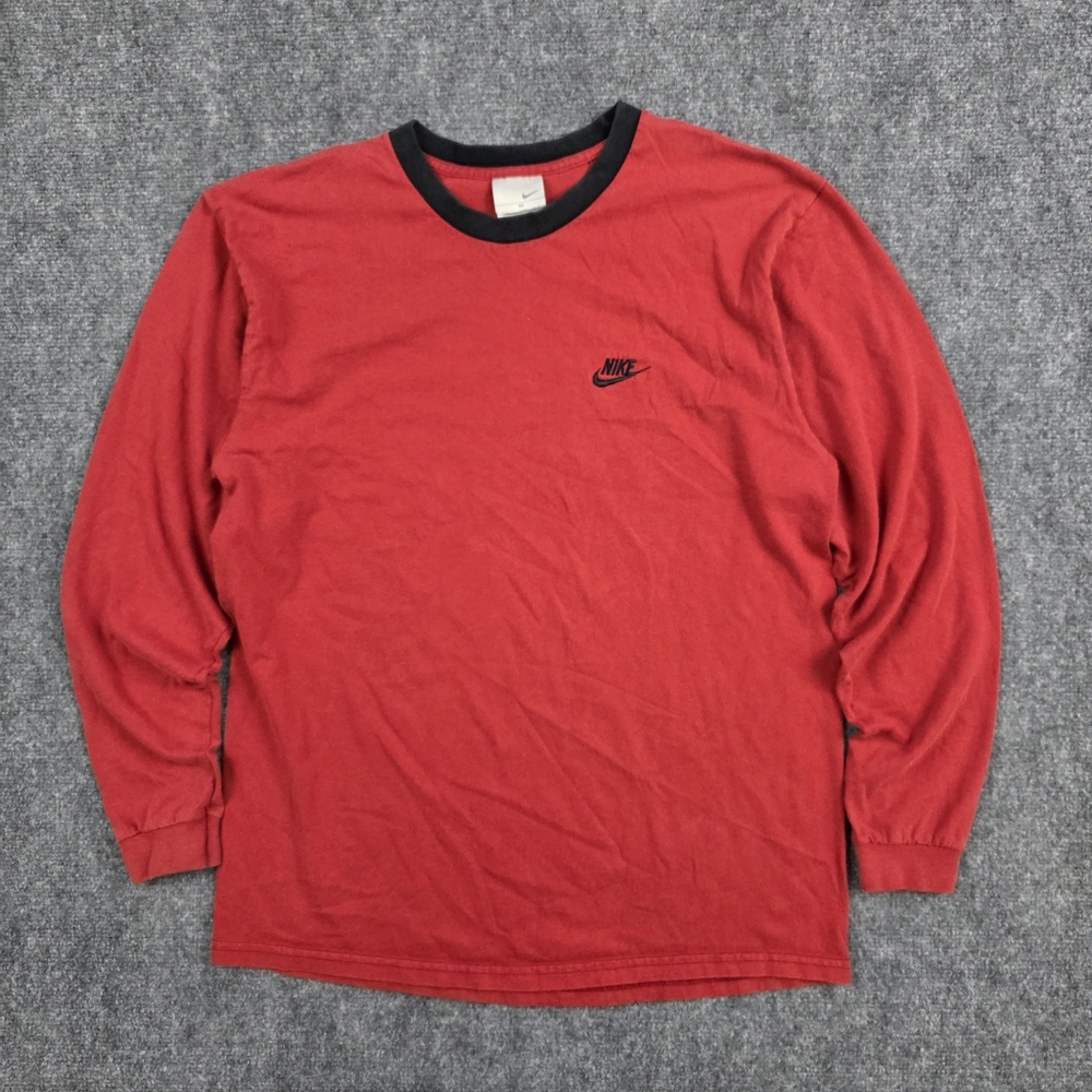NIKE RINGER TEE 100% COTTON LONG SLEEVE RED BLACK MEDIUM SWOOSH
